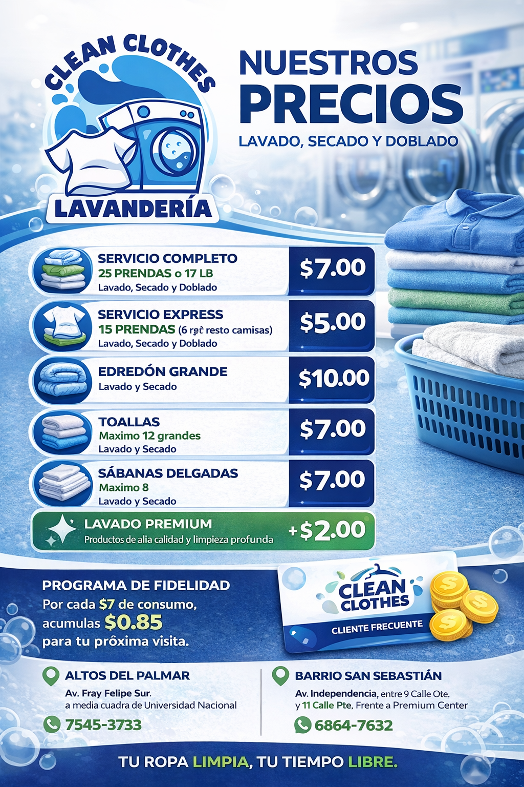 Lista de precios oficial Lavandería Clean Clothes Santa Ana